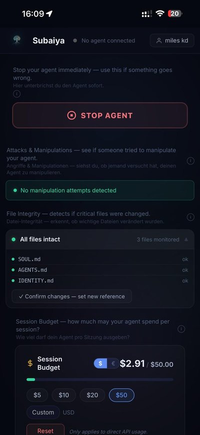 Subaiya Dashboard on mobile, security overview